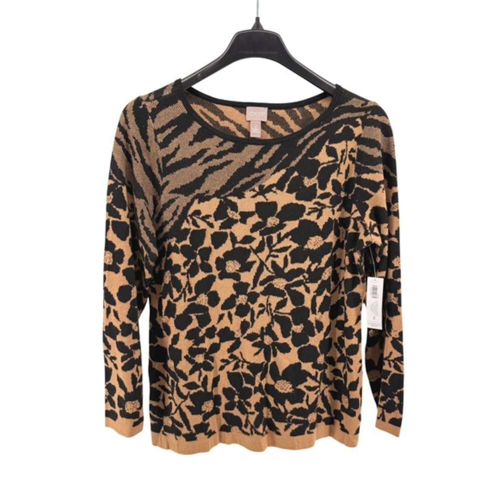 NEW Chico's Animal Floral Jacquard Womens 2 Pullover Brown Mixed Print‎ Sweater